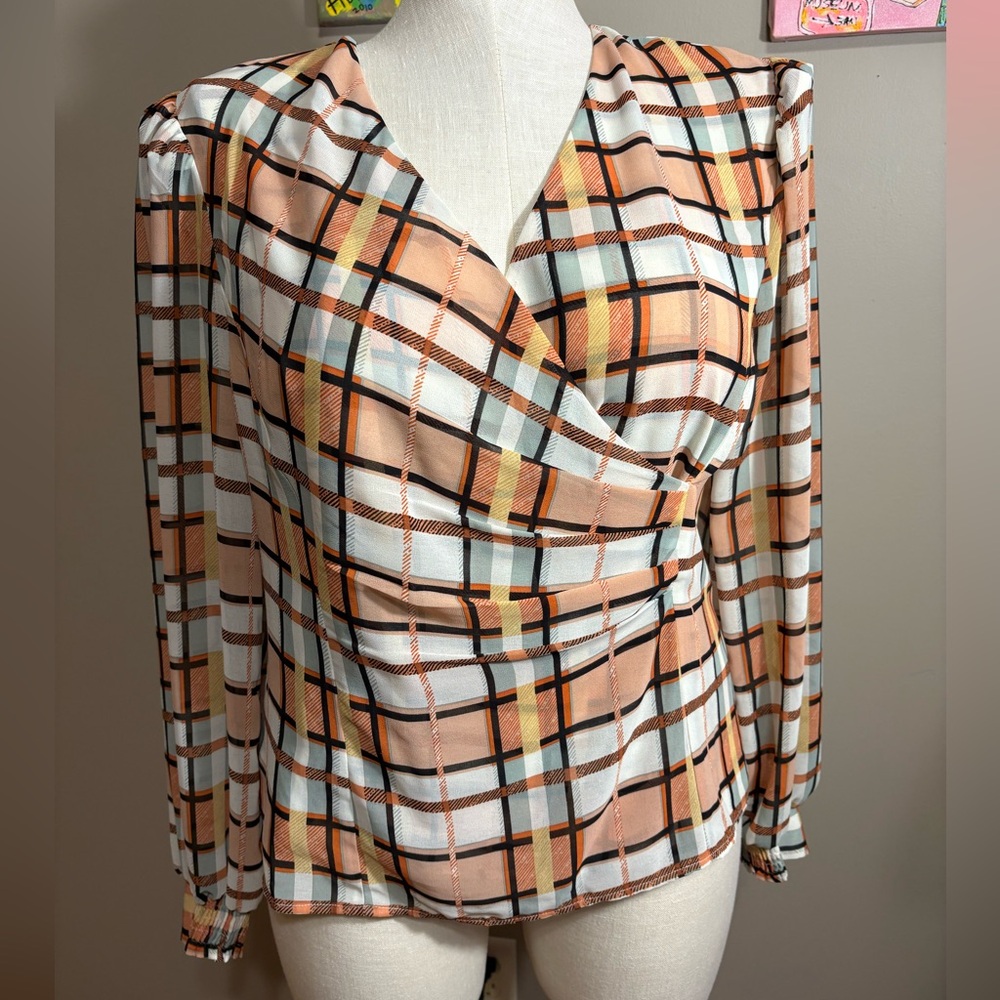 CAbi Peach and Black Checkered Wrap Blouse